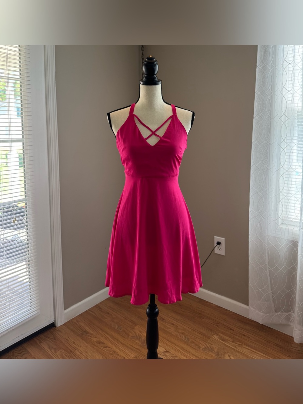 Lush Fuchsia Pink Strappy Open Back Skater Dress Size S